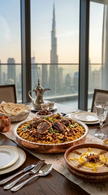 Traditional Emirati Food with Burj Khalifa Dubai View