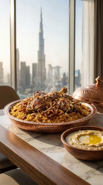Traditional Emirati Machboos Dubai Burj Khalifa View