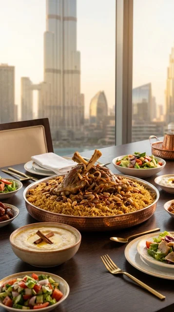 Emirati Lamb Machboos and Dubai Burj Khalifa Skyline View