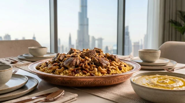 طبق المكبوس الإماراتي الفاخر مع إطلالة برج خليفة دبي
