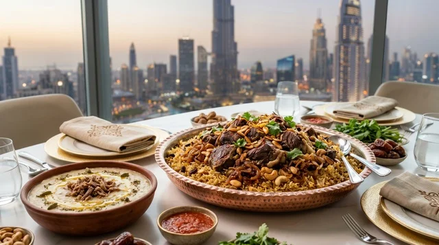 Emirati Machboos Feast with Dubai Skyline View