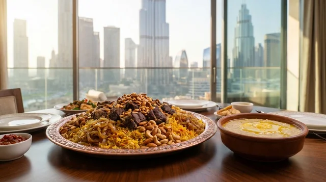مائدة مكبوس إماراتية مع إطلالة أفق دبي