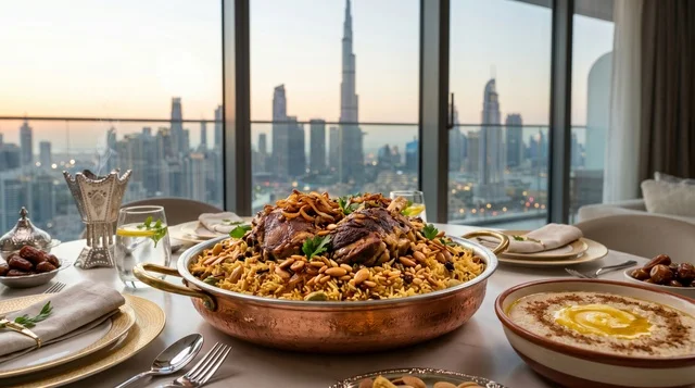 مائدة المكبوس الإماراتي الفاخرة مع أفق مدينة دبي