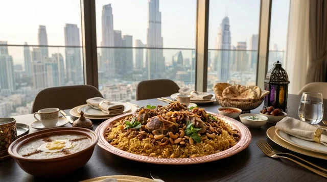 Emirati Eid Table Dubai Skyline Machboos Lamb