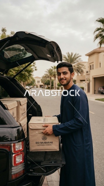 شاب إماراتي يوزع صناديق صدقات العيد في الإمارات
