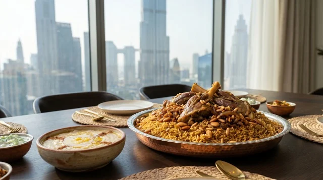 Traditional Emirati Lamb Machboos with Dubai Skyline View