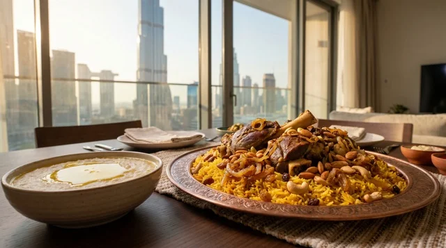 Emirati Lamb Machboos with Dubai Skyline at Sunset