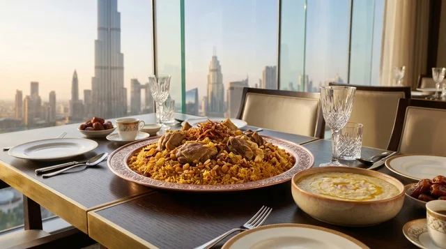 Traditional Emirati Machboos Table Dubai Skyline View