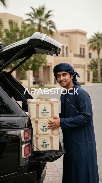 شاب إماراتي يوزع صناديق لحم الأضحية في الإمارات