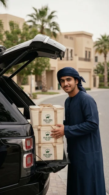 شاب إماراتي يوزع صناديق لحم الأضحية في الإمارات