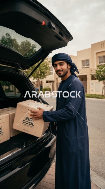شاب إماراتي يوزع صناديق لحم الأضحية في الإمارات