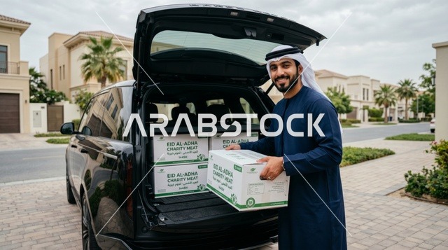 شاب إماراتي يوزع صناديق لحم الأضحية في الإمارات