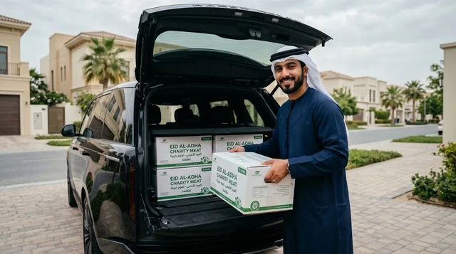 Emirati Man Loading Eid Charity Meat Boxes in UAE