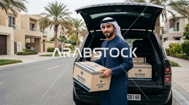 شاب إماراتي يوزع صناديق لحم الأضحية في الإمارات