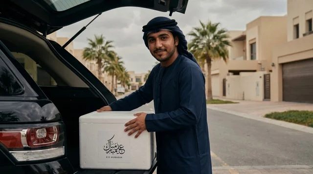 Emirati Man Loading Charity Meat Box into SUV in UAE