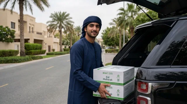 Emirati Man Loading Eid Al-Adha Charity Boxes in UAE