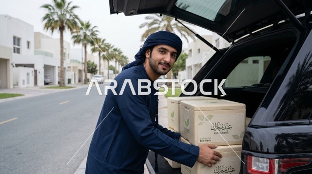 شاب إماراتي يجهز صناديق لحم الأضحية للتوزيع، التكافل الاجتماعي والعمل الخيري في الإمارات.