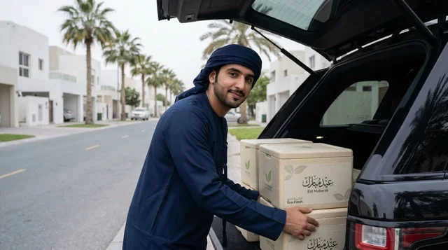 A young Emirati prepares boxes of sacrificial meat for distribution, demonstrating social solidarity and charitable work in the UAE.