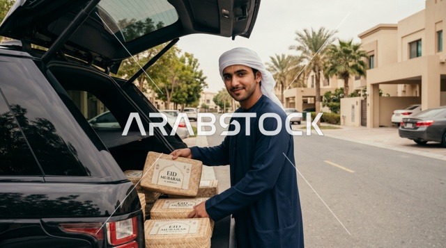 شاب إماراتي يجهز صناديق الأضحية للتوزيع في الإمارات