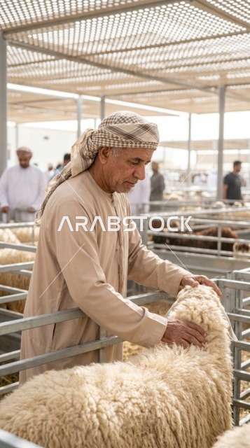 رجل إماراتي يختار أضحية العيد في سوق المواشي بدبي