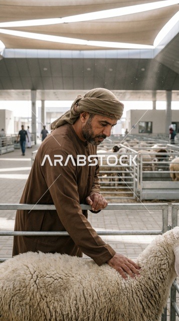 رجل إماراتي يعاين خروف العيد في سوق دبي للمواشي