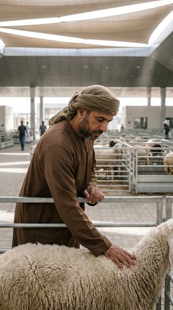 رجل إماراتي يعاين خروف العيد في سوق دبي للمواشي