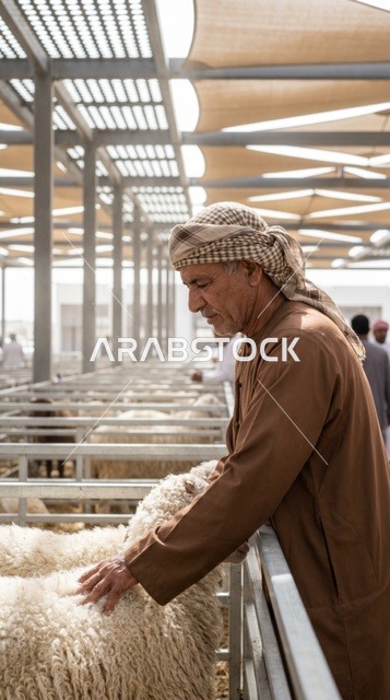 رجل إماراتي يعاين خروف العيد في سوق مواشي بدبي