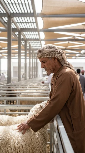 Emirati Man Inspecting Sheep at Dubai Livestock Market Emirati Man Inspecting Sheep at Dubai Livestock Market