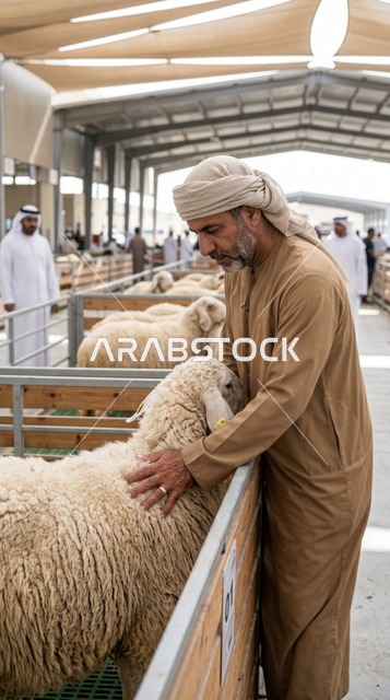 رجل إماراتي يختار أضحية العيد في سوق مواشي دبي