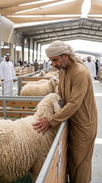 Emirati Man Inspecting Sheep at Dubai Livestock Market