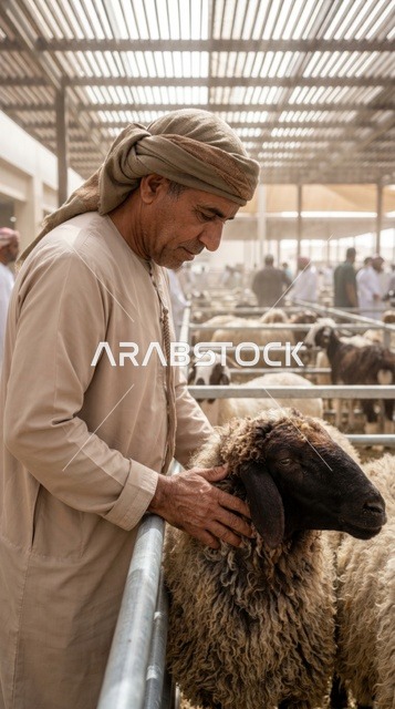 رجل إماراتي يختار أضحية العيد في سوق مواشي دبي