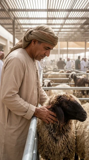 رجل إماراتي يختار أضحية العيد في سوق مواشي دبي