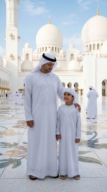 أب وابنه في جامع الشيخ زايد الكبير في أبوظبي