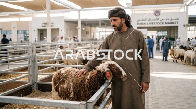 رجل إماراتي يعاين أضحية في سوق دبي للمواشي