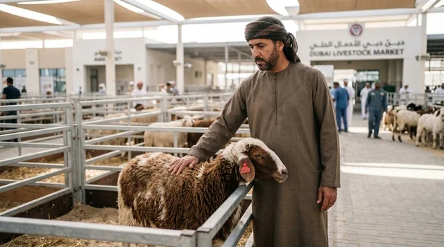 Emirati Man Inspecting Sheep at Dubai Livestock Market