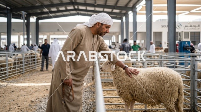 رجل إماراتي يعاين خروف العيد في سوق مواشي دبي