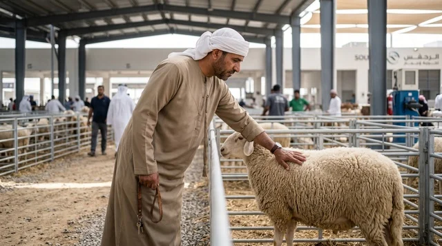 Emirati Man Inspecting Sheep at Dubai Livestock Market