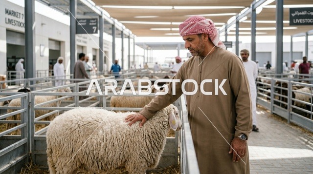 رجل إماراتي يعاين أضحية العيد في سوق دبي