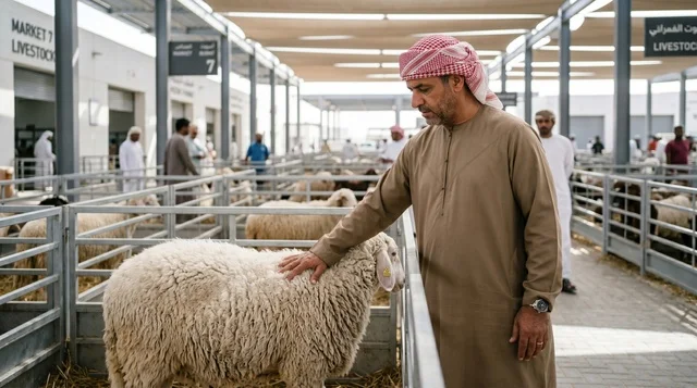 Emirati Man Inspects Sheep at Dubai Livestock Market