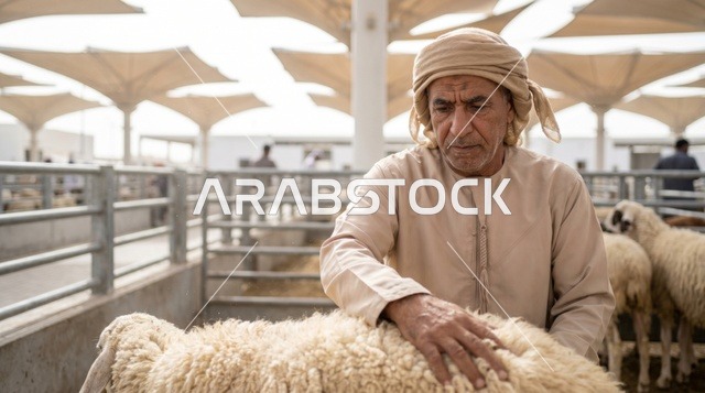 رجل إماراتي يعاين أضحية العيد في سوق مواشي دبي
