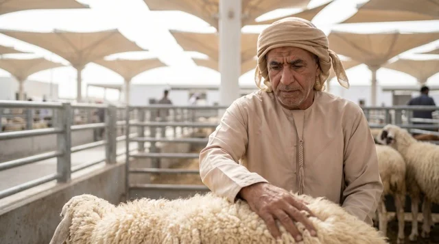 رجل إماراتي يعاين أضحية العيد في سوق مواشي دبي