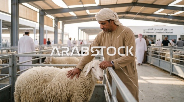 رجل إماراتي يختار أضحية العيد في سوق المواشي بدبي