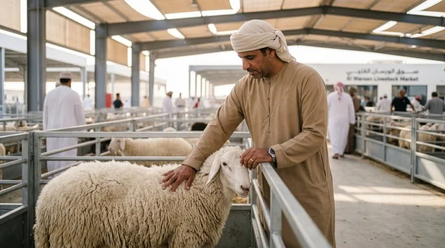 رجل إماراتي يختار أضحية العيد في سوق المواشي بدبي
