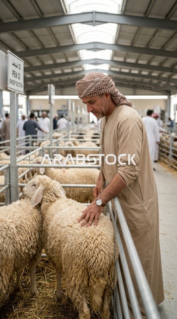 رجل إماراتي يشتري أضحية العيد في سوق مواشي حديث بدبي