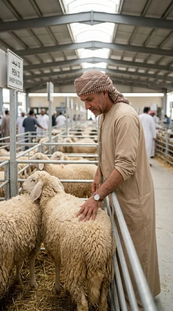 رجل إماراتي يشتري أضحية العيد في سوق مواشي حديث بدبي