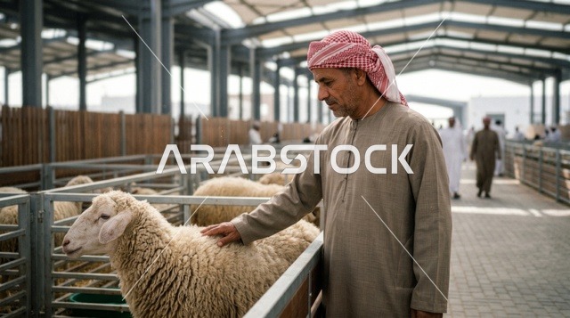 رجل إماراتي يعاين خروف العيد في سوق مواشي حديث، شراء أضحية عيد الأضحى في دبي.