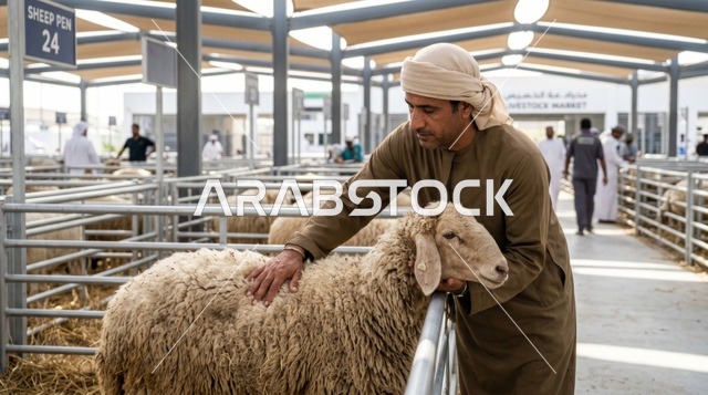 رجل إماراتي يعاين خروف العيد في سوق مواشي دبي