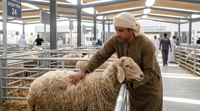 رجل إماراتي يعاين خروف العيد في سوق مواشي دبي