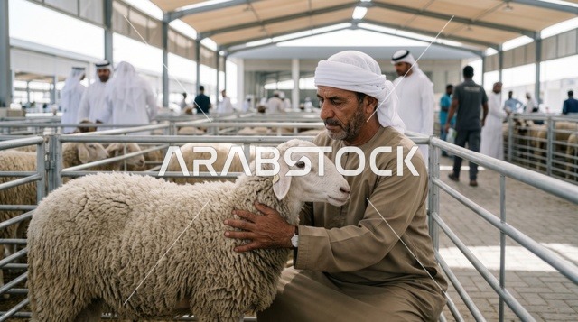 رجل إماراتي يختار أضحية عيد الأضحى في سوق مواشي دبي