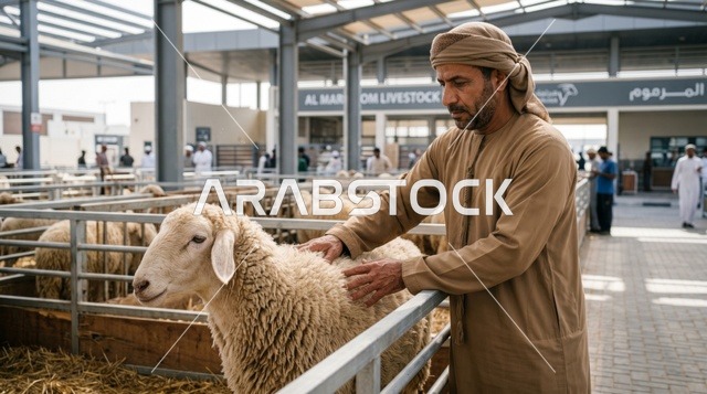 رجل إماراتي يعاين خروف العيد في سوق مواشي دبي